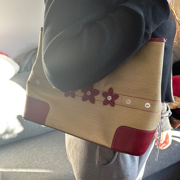 Red and Yellow Tote Bag with Textured Material and Flower Appliqués - Picture 4 of 4